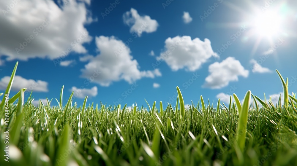 Obraz premium Sunny Day with Green Grass and Blue Sky Background