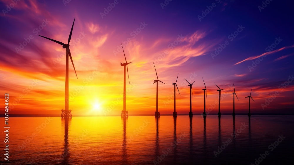 Obraz premium Harnessing renewable energy the impact of wind turbines on sustainable development at sunrise