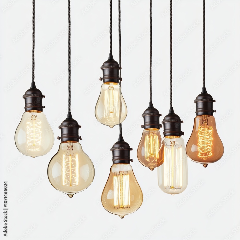 Obraz premium Variety of hanging Edison light bulbs creating a warm ambiance in a cozy setting