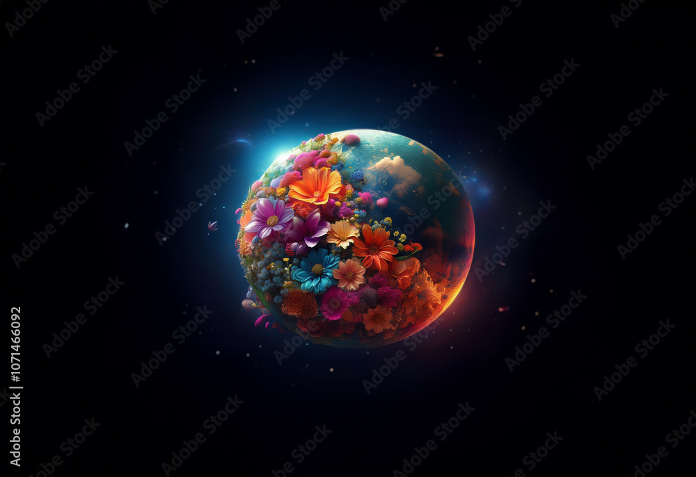 Naklejka premium A glowing blue and orange planet is covered in colorful flowers, surrounded by a starry night sky.