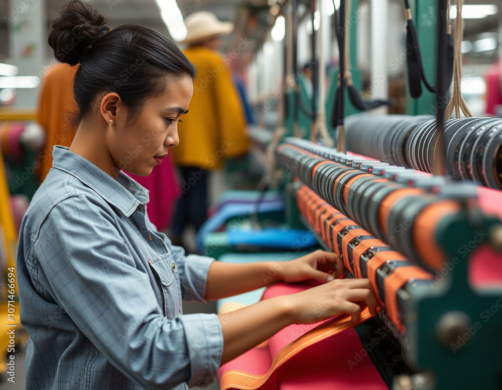 A woman is working on a machine with a red cloth
A woman is working on a machine with a red cloth