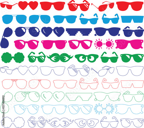 Sunglasses silhouette and line art vector collection featuring diverse styles like aviator, heart shape, retro, funky, and novelty glasses in multiple colors and outlines