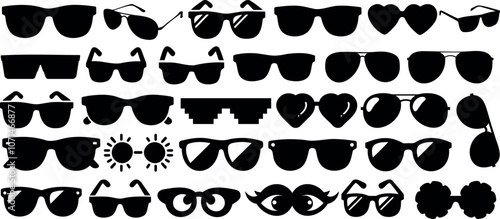 Sunglasses vector set featuring trendy sunglass silhouette, including aviator, heart shape, wayfarer, pixelated, and retro eyewear. Perfect spectacle set for design, fashion, and summer projects