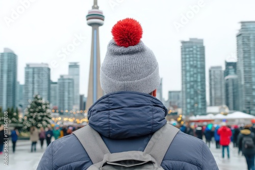 A man in a winter hat faces the Toronto skyline. photo