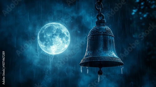 creepy gothic funeral bells ringing duing a full moon, high definition,  photo