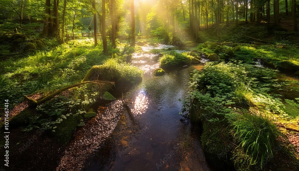 Obraz premium A tranquil forest stream, bathed in golden sunlight, creates a magical atmosphere.