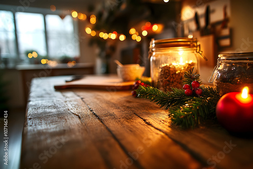 Warme und gemütliche Küche mit Weihnachtsdekoration, weihnachtliche Stimmung in einer festlich geschmückten Küche