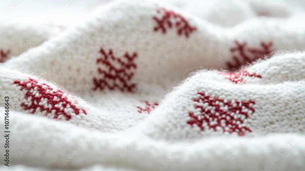 Cozy white blanket adorned with red snowflakes, perfect for winter warmth holiday decor. Cozy white blanket adorned with red snowflakes, perfect for winter warmth holiday decor.