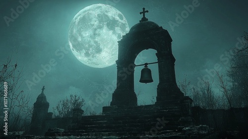 creepy gothic funeral bells ringing duing a full moon, high definition, photo