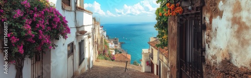 Charming cobblestone streets of Ceuta with colorful flowers and Mediterranean views