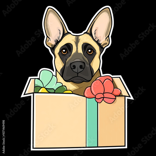 Belgian Malinois Dog Surprising From Inside A Present Box photo