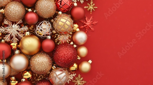 Red and gold Christmas ornaments on a red background.