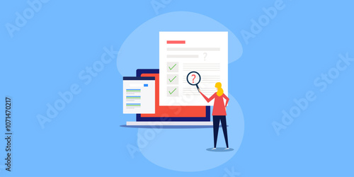 SEO interview question, digital marketing woman answers about search engine optimization conceptual vector illustration.