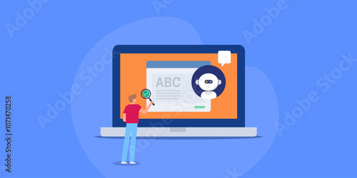Spell and grammar checker software driven artificial intelligence chatbot assistant, people character examine content, vector illustration.