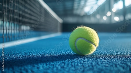 Tennis ball on a blue court with a net in the background.