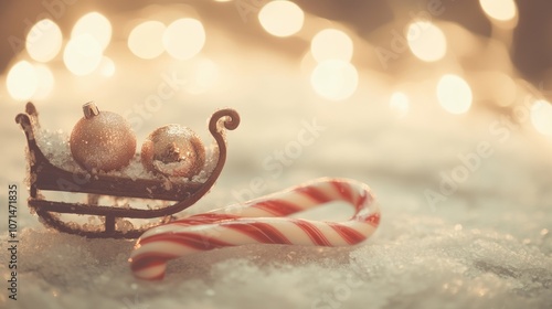 Red sler with candy cane on snowy ground, evoking holiday spirit with white snowflakes festive colors. photo