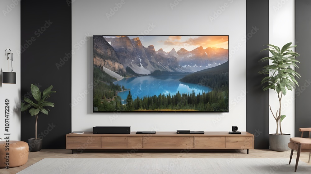 Fototapeta premium Modern living room showcasing a stunning landscape on a large screen, blending nature with contemporary design during golden hour. Generative AI