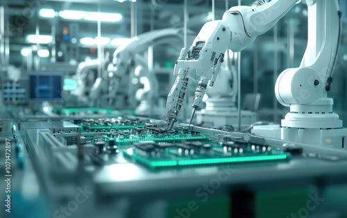 Robotic arms assembling circuit boards in a high-tech manufacturing environment.