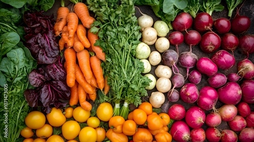 A vibrant display of fresh vegetables including carrots, radishes, and greens.