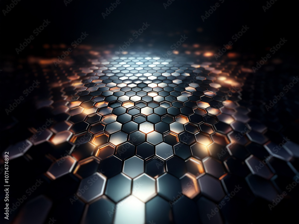 Obraz premium A dark, abstract background with a glowing, metallic honeycomb pattern.