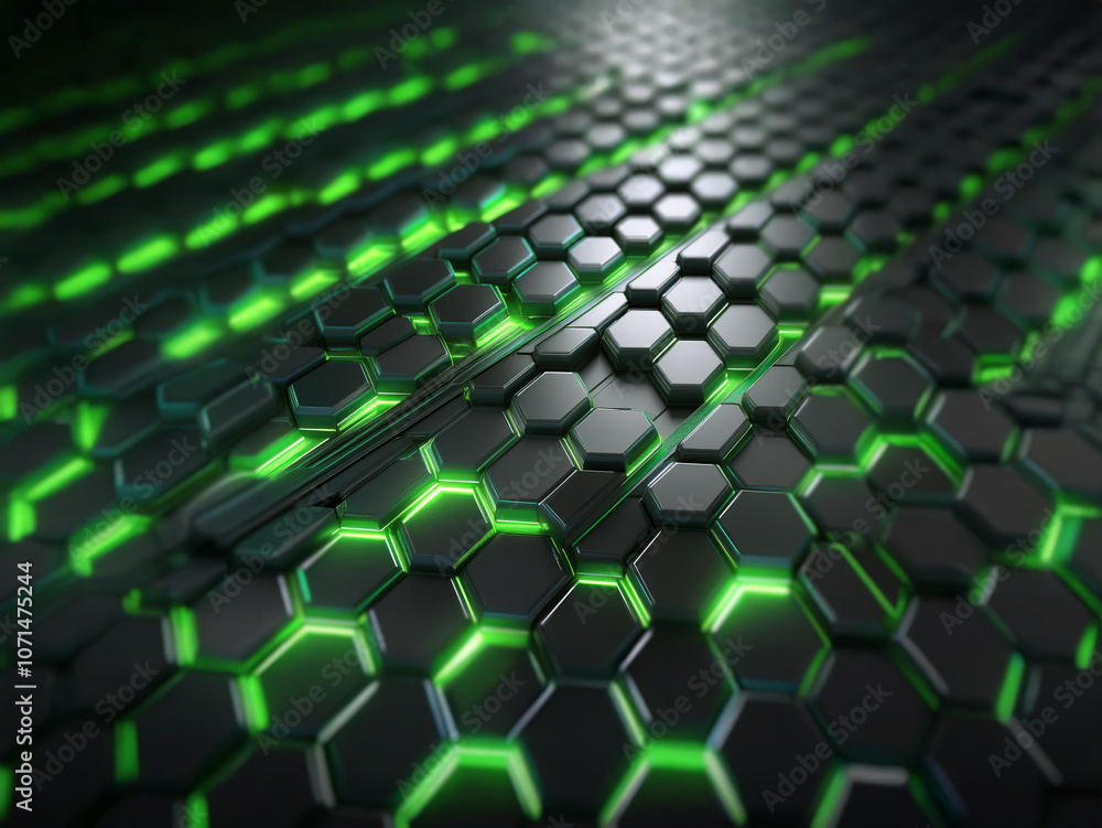 Obraz premium Abstract pattern of black hexagonal shapes with glowing green lines and a dark background.