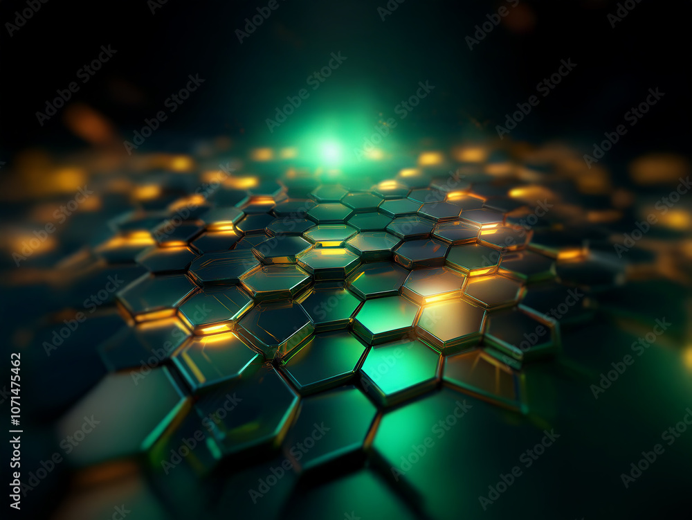 Fototapeta premium A dark, abstract background with a hexagonal pattern in a metallic green and gold color, highlighted by a glowing green light.