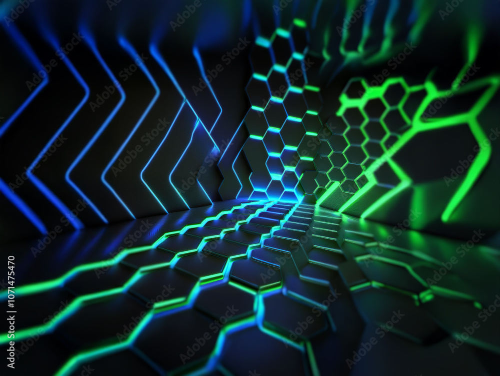 Abstract futuristic room with glowing green and blue neon lights. The walls are covered in geometric patterns. Abstract futuristic room with glowing green and blue neon lights. The walls are covered in geometric patterns.