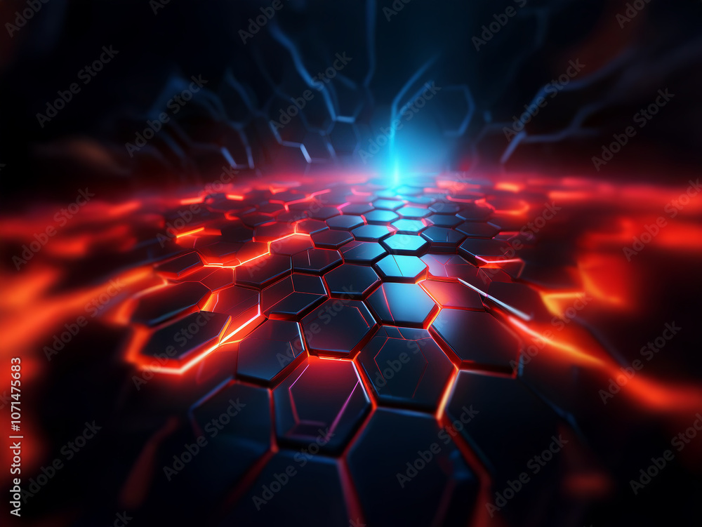 A dark, abstract background with a path of glowing hexagonal shapes leading to a bright blue light. A dark, abstract background with a path of glowing hexagonal shapes leading to a bright blue light.