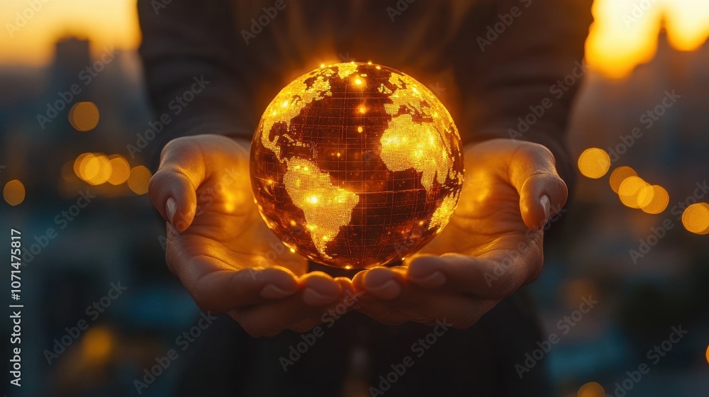 Fototapeta premium Golden Globe Held in Hands Against Sunset Background