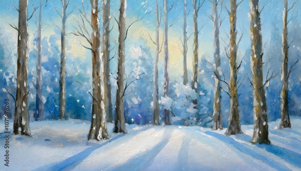 Winter Forest Scene with Tall Trees and Snow Winter Forest Scene with Tall Trees and Snow