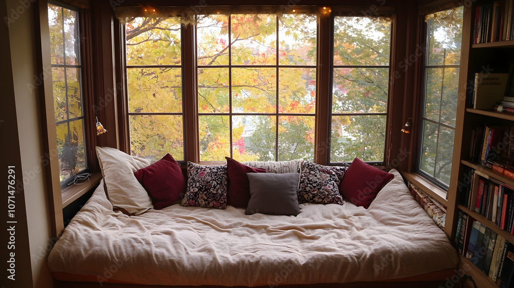 Fototapeta premium Cozy window seat with pillows and blankets overlooking autumn foliage.