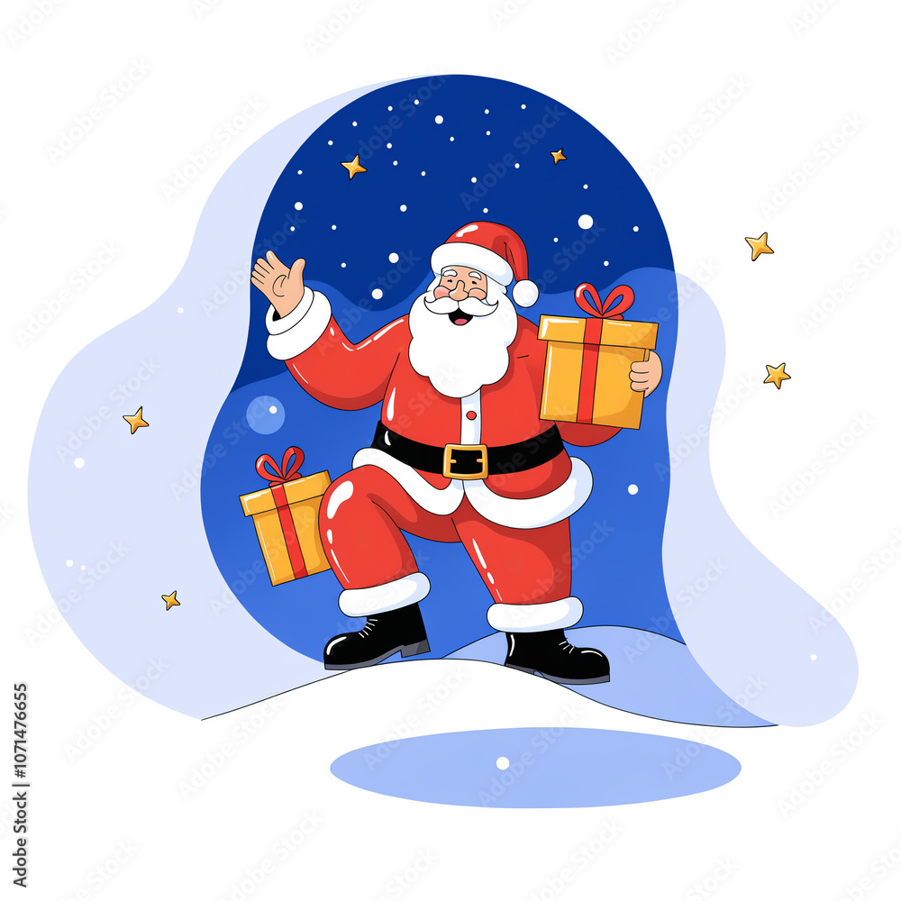 Naklejka premium Merry Christmas and happy new year greeting card with cute Santa Claus, deer and snowman. Holiday cartoon character in winter season. 