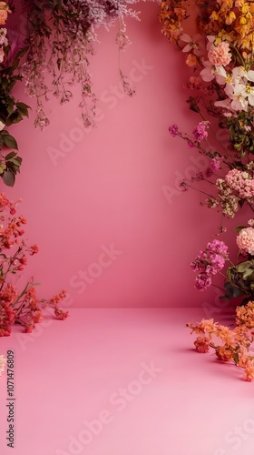 A vibrant arrangement of flowers framing a pink background, ideal for decoration or photography.