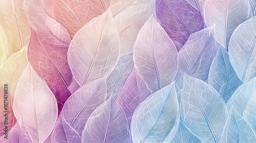Abstract Background of Delicate, Skeletized, Pastel-Colored Leaves