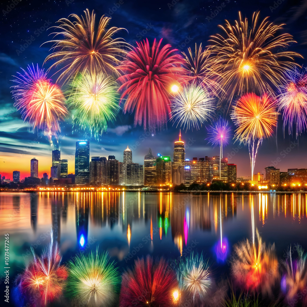 Fototapeta premium A stunning display of fireworks illuminates a city skyline