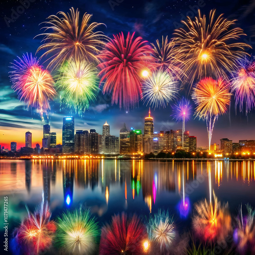 A stunning display of fireworks illuminates a city skyline