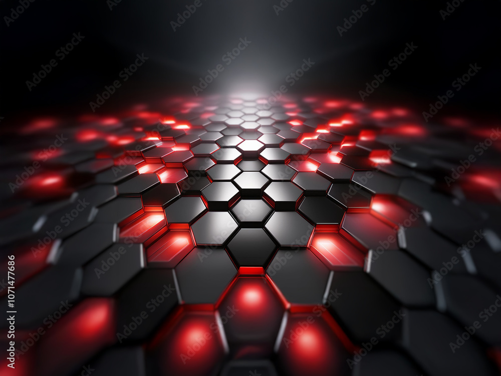 Obraz premium A dark, abstract background with a textured hexagonal pattern illuminated by red lights.