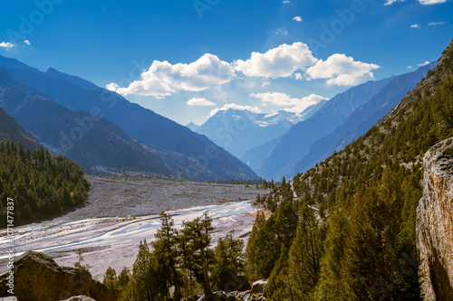 Landscape with rivers and mountains. Miyar Valley is a remote and scenic valley in the Western Himalayas. The Lahaul Range is located between Pir Panjal and the Zanskar Range in Himachal Pradesh.  photo