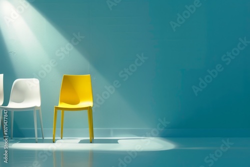 Single yellow chair among neutral chairs, highlighted with spotlight against a blue background