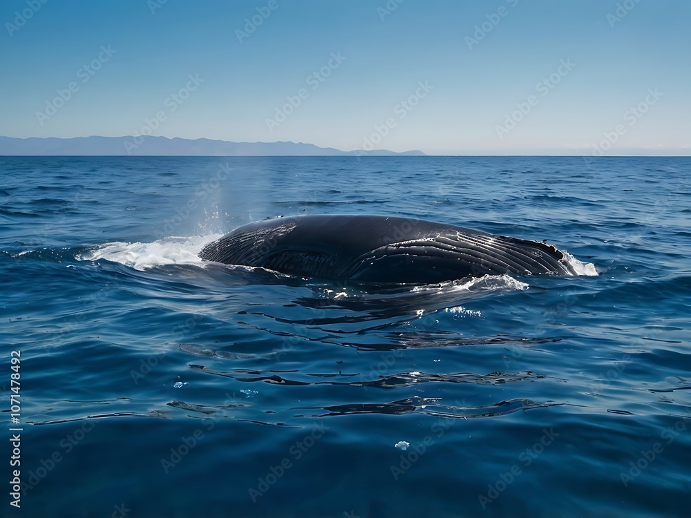 Fototapeta premium Whale Back Partially Submerged in Ocean Water