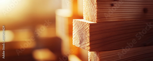 Perfectly fitted mortise and tenon joint showcasing warm wood tones and textures. sunlight enhances natural beauty of timber, creating serene atmosphere