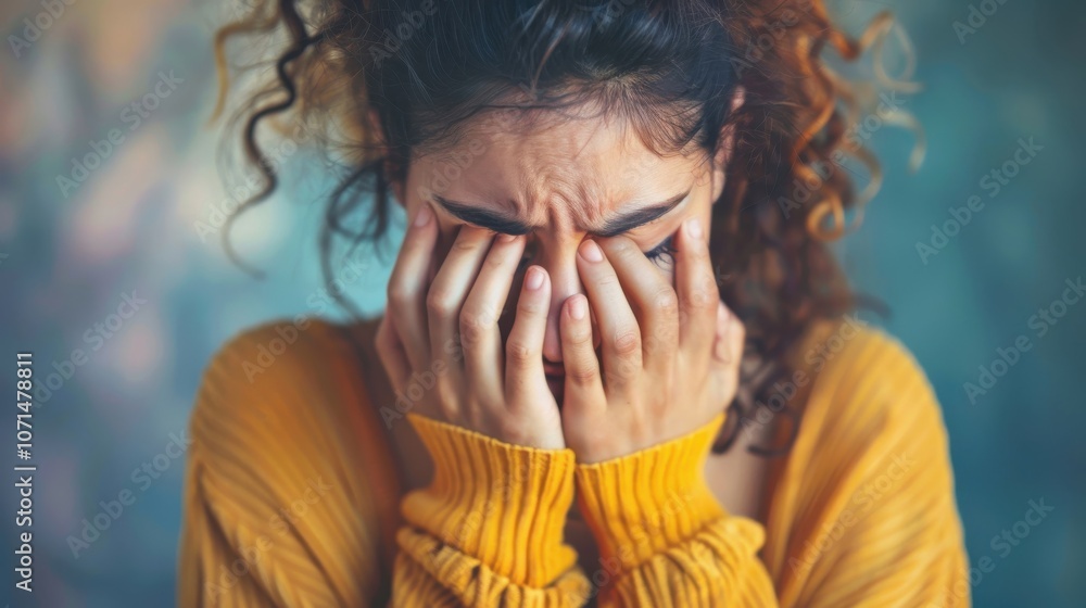 Fototapeta premium A young woman experiences deep sorrow and grief while clutching her face in a quiet, dimly lit room
