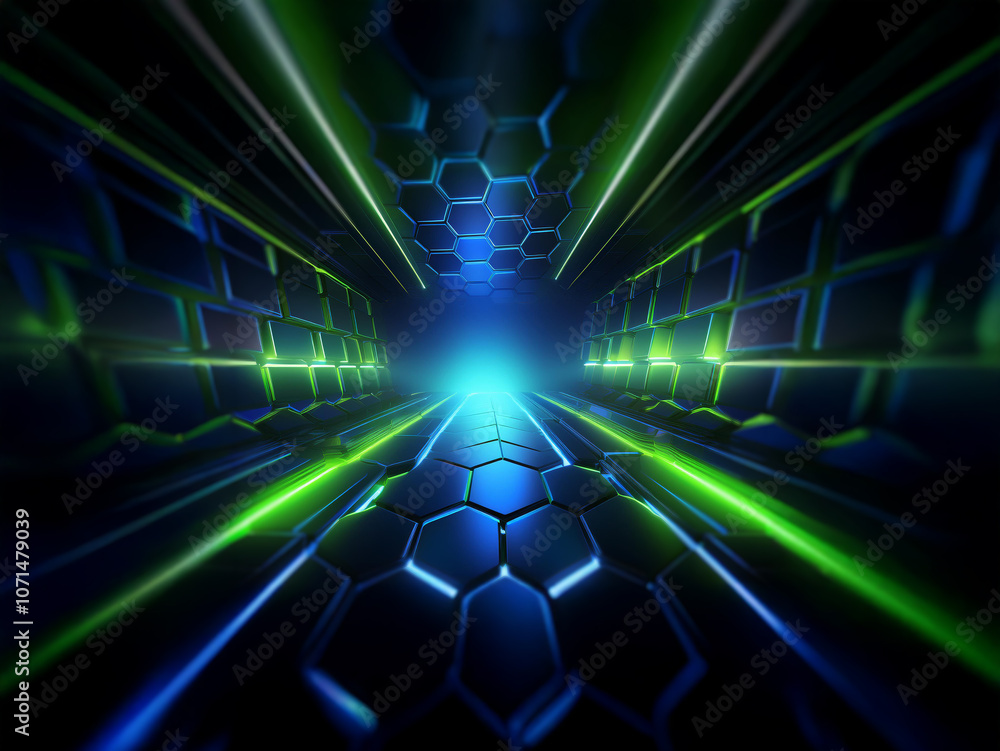 A futuristic tunnel with glowing green lines and hexagonal panels. A futuristic tunnel with glowing green lines and hexagonal panels.