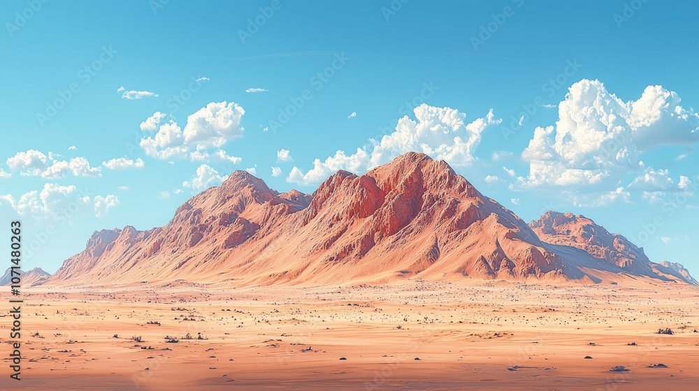 Naklejka premium Desert mountain range with a clear blue sky and fluffy clouds.