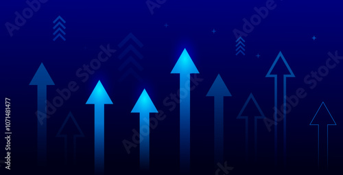 Business arrow up growth line on dark blue background. Represents financial success, investment, and profit strategy in a hi-tech style.