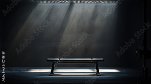 bench press sits in dimly lit gym, illuminated by soft rays of light. atmosphere is intense and focused, perfect for serious workouts