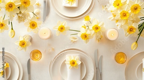 Wallpaper Mural A beautifully set table with white plates and napkins adorned with delicate yellow daffodils, creating a spring-inspired tablescape. Torontodigital.ca