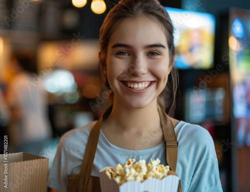 A joyful young woman serving popcorn at a bustling cinema during an evening movie showing photo