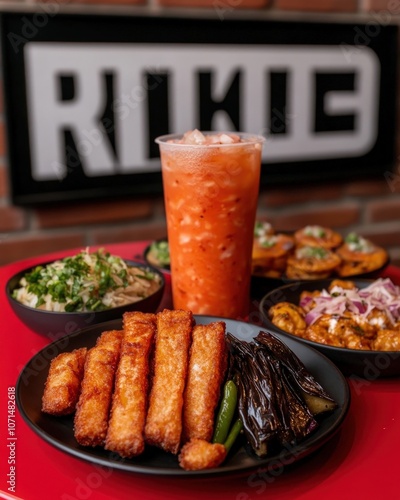 A table full of delicious Asian cuisine, including fried tofu, eggplant, and a refreshing juice. photo