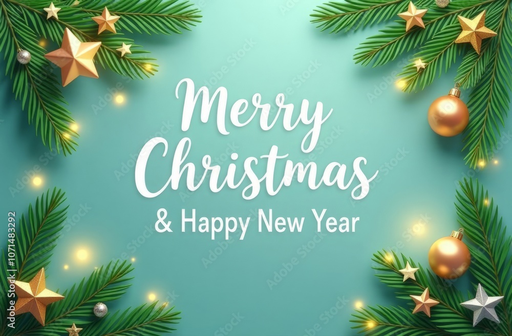 A bright and elegant Christmas greeting card design featuring pine branches, golden ornaments, and stars on a teal background with A bright and elegant Christmas greeting card design featuring pine branches, golden ornaments, and stars on a teal background with